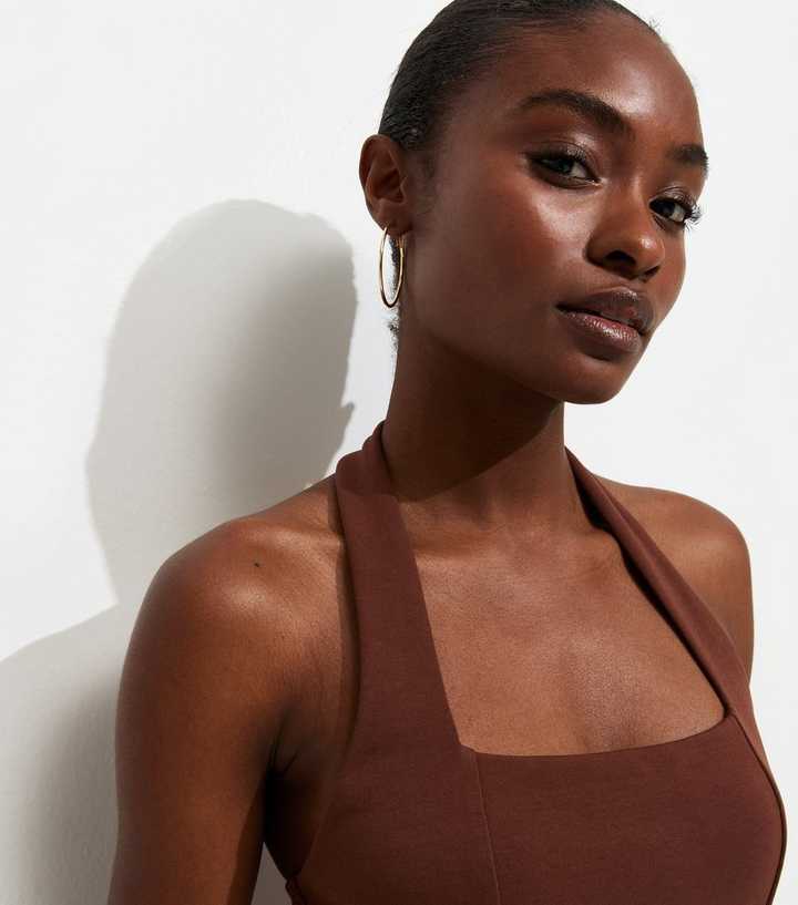 Dark Brown Halterneck Peplum Mini Dress | New Look