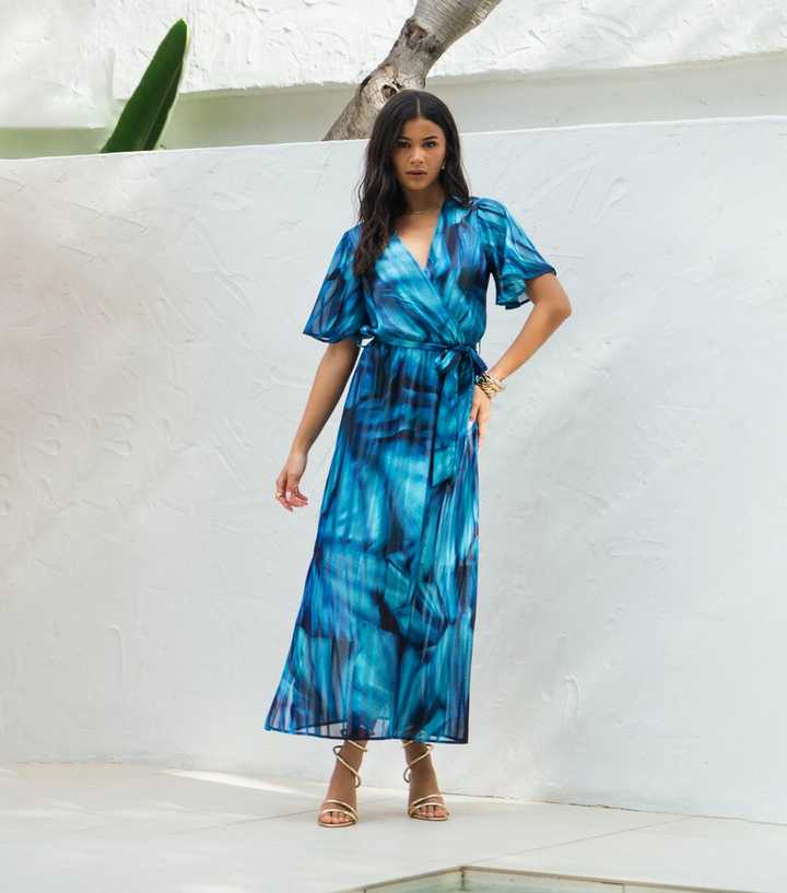 Gini London Bright Blue Tie Dye Print Wrap Dress | New Look