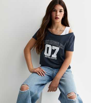 Girls Navy 07 LA 2 In 1 Logo Off Shoulder Top