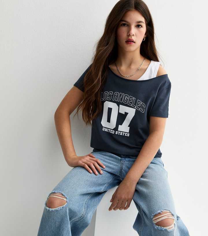 Girls Navy 07 LA 2 In 1 Logo Off Shoulder Top
