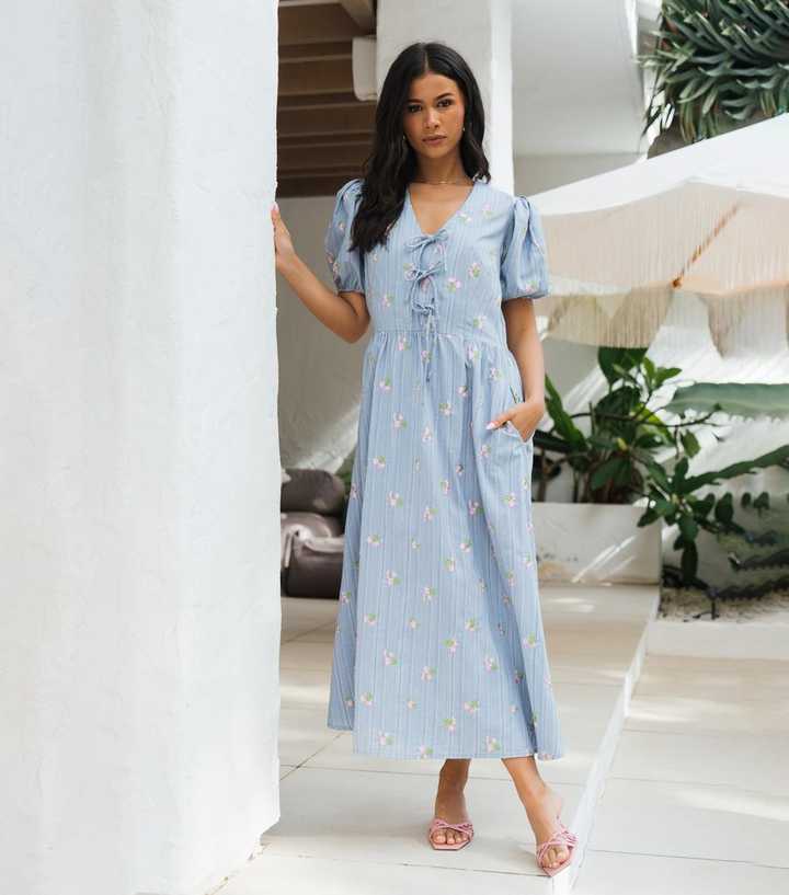 Gini London Light Blue Floral Embroidered Puff Sleeve Midi Dress