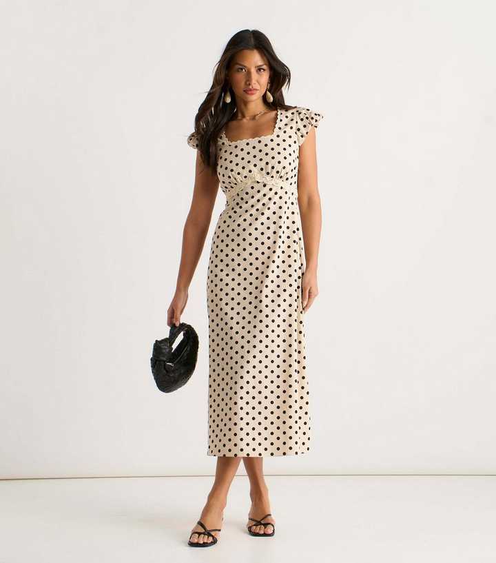 Gini London Polka Dot Print Lace Trim Midi Dress