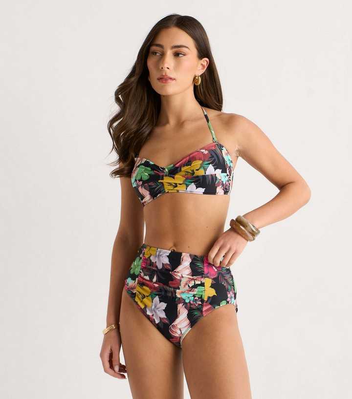Gini London Multicolour Floral Print Ruched Panel Bikini Bottoms
