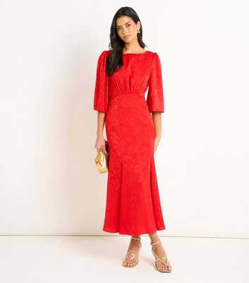 Gini London Bright Red Floral Jacquard Satin Midi Dress
