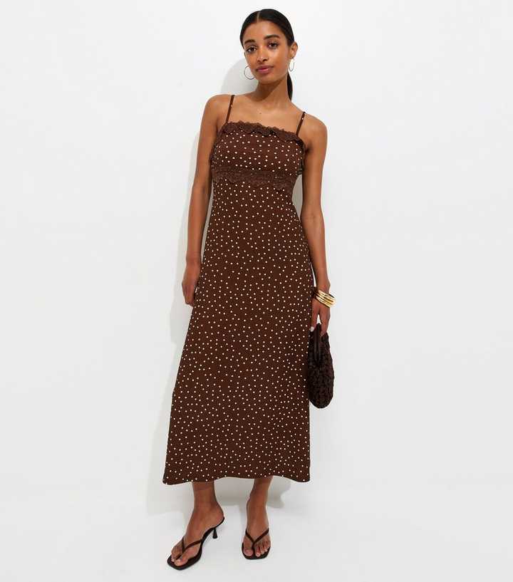 Brown Crinkle Texture Polka Dot Lace Trim Strappy Midi Dress