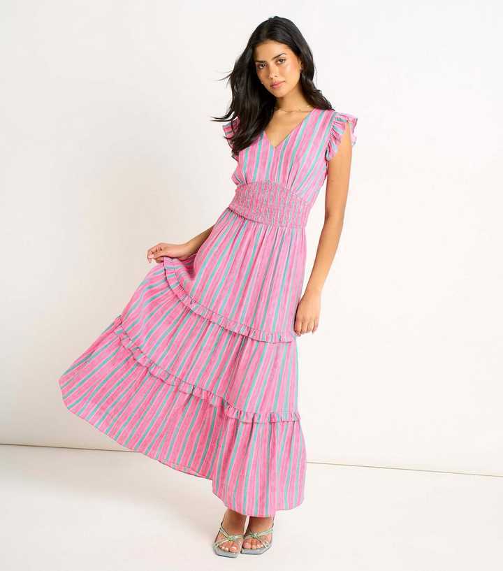 Gini London Pink Summer Stripe Waisted Maxi Dress
