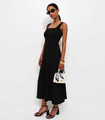 Black Crinkle Texture Polka Dot Print Square Neck Lace Trim Midi Dress