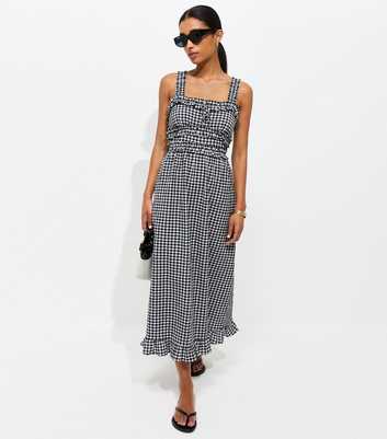 Black Crinkle Texture Frill Trim Gingham Midi Dress