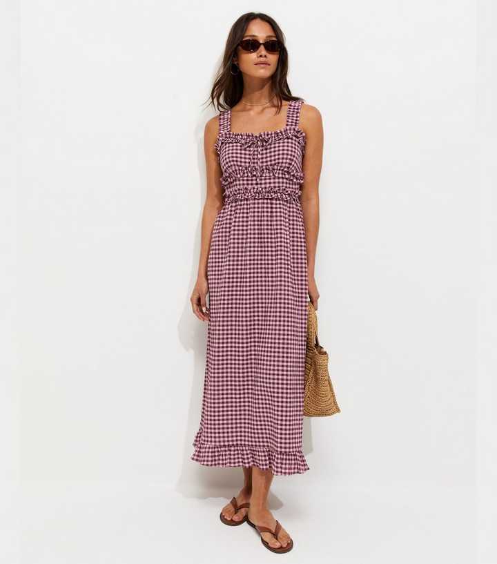 Pink Crinkle Texture Frill Trim Gingham Midi Dress