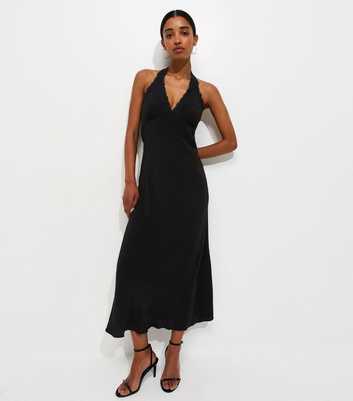 Black Halterneck Lace Trim Midi Dress