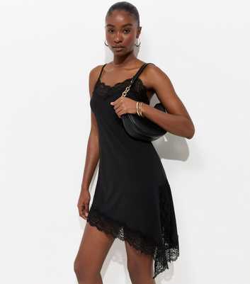 Black Jersey Lace Trim Asymmetric Hem Cami Mini Dress