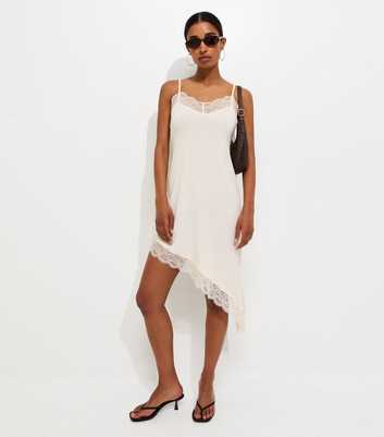 Cream Jersey Lace Trim Asymmetric Hem Cami Dress