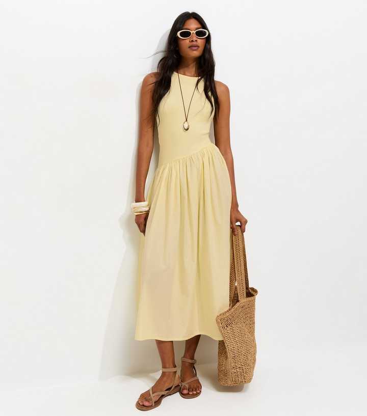 Light Yellow Asymmetric Waist Sleeveless Midi Dress