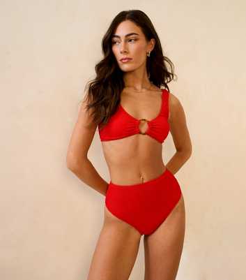 Gini London Red Textured Ring Detail Bikini Top