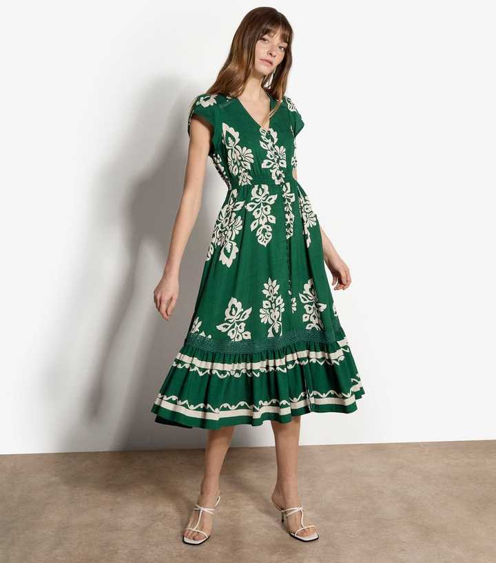Apricot Green Leaf Print Buttoned Midi Dress