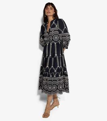 Apricot Navy Embroidered Tiered Midi Dress