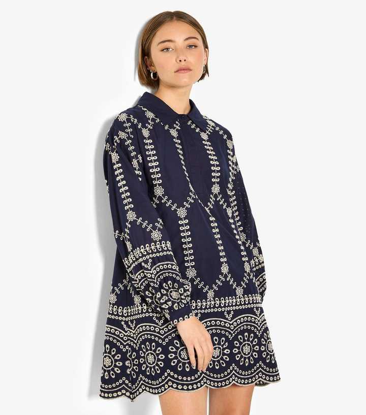 Apricot Navy Embroidered Mini Shirt Dress
