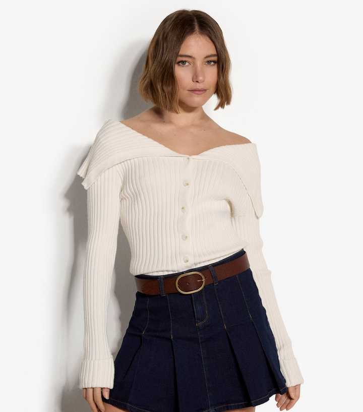 Apricot Cream Ribbed Folded Collar Cardigan