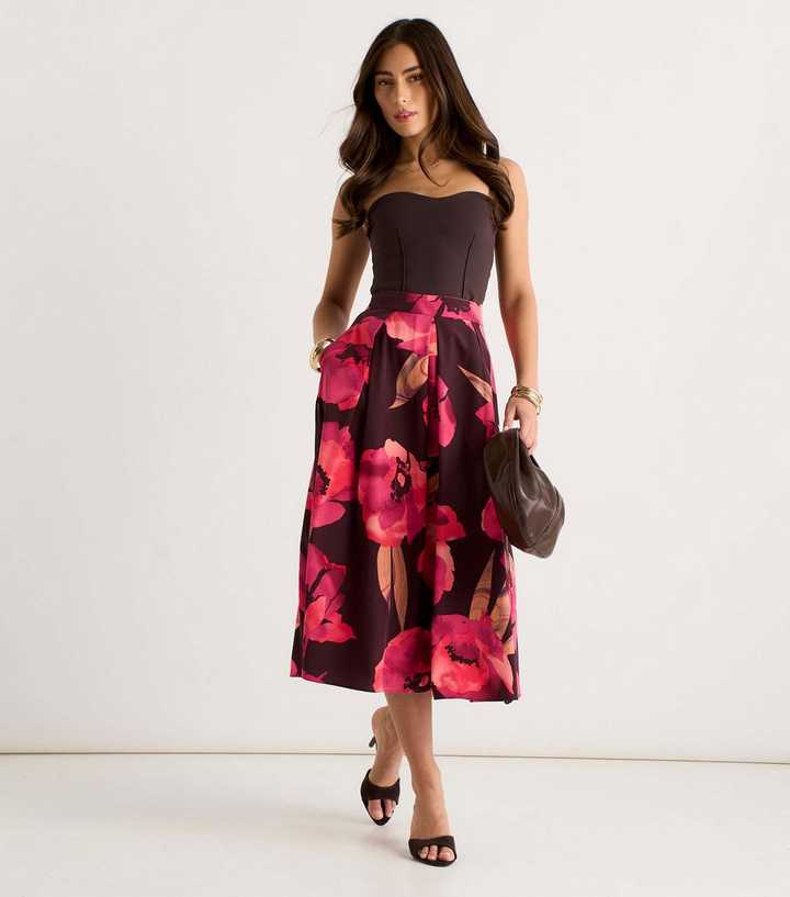 Gini London Brown Floral Pleated Midi Skirt