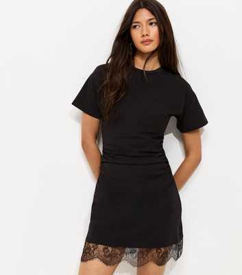 Black Cotton Rich Ruched Lace Hem T-Shirt Dress