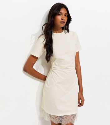 Cream Cotton Rich Ruched Lace Hem T-Shirt Dress