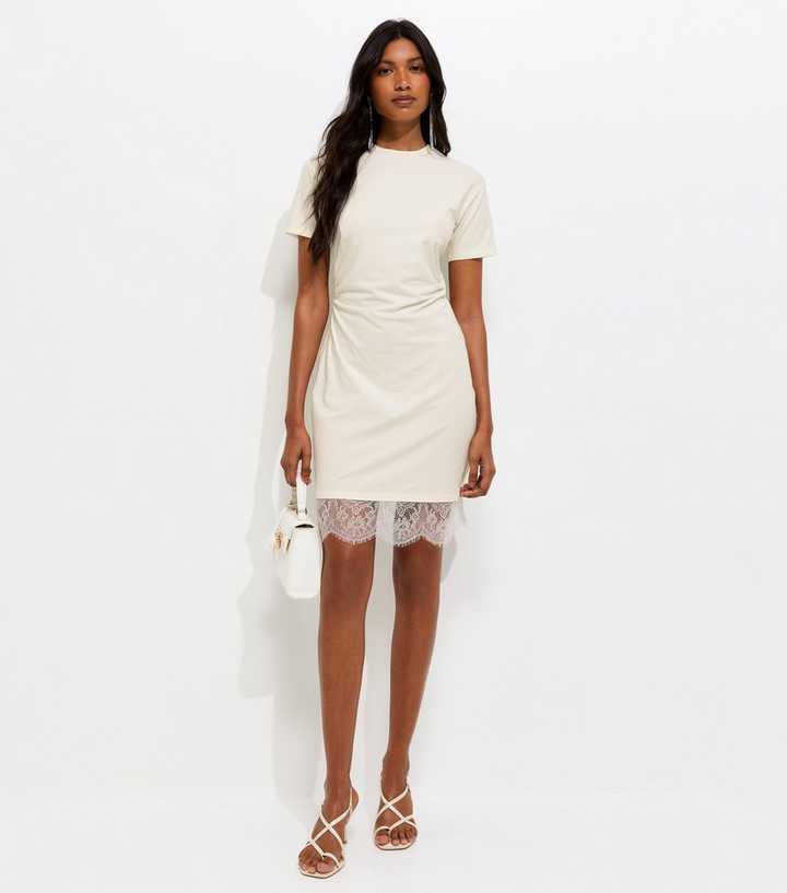 Cream Cotton Rich Ruched Lace Hem T-Shirt Dress | New Look