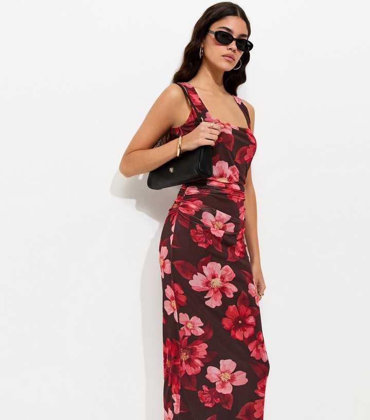 Brown Floral Mesh Square Neck Midi Dress