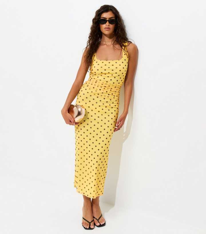 Yellow Spotty Mesh Square Neck Midi Dress