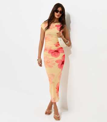 Yellow Mesh Blurred Floral Print Off Shoulder Midi Dress