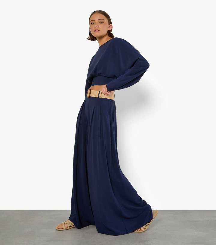 Apricot Navy Belted Palazzo Trousers