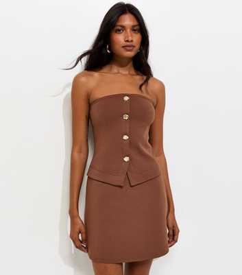 Dark Brown Cotton Rich Button Detail Strapless Bandeau Top