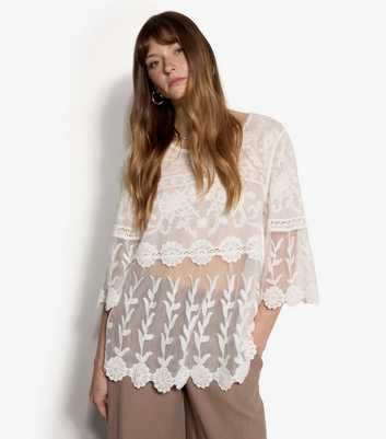 Apricot Cream Sheer Embroidered Bell Sleeve Top