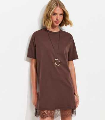 Dark Brown Lace Hem Trim Mini T-Shirt Dress