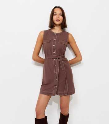 Dark Brown Cotton Rich Contrast Stitch Button Through Mini Dress