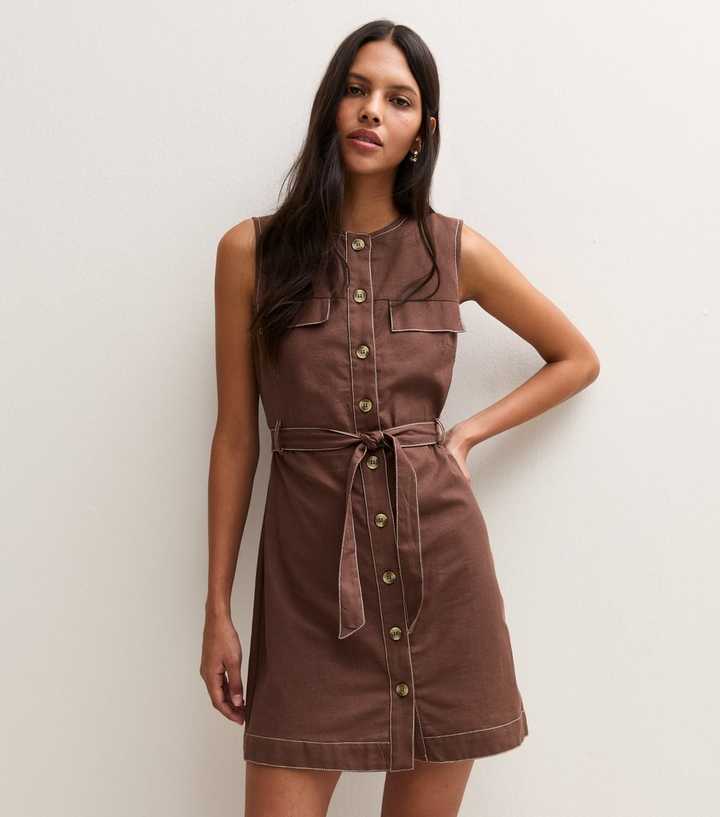 Dark Brown Cotton Rich Contrast Stitch Button Through Mini Dress