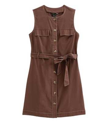 Dark Brown Cotton Rich Contrast Stitch Button Through Mini Dress