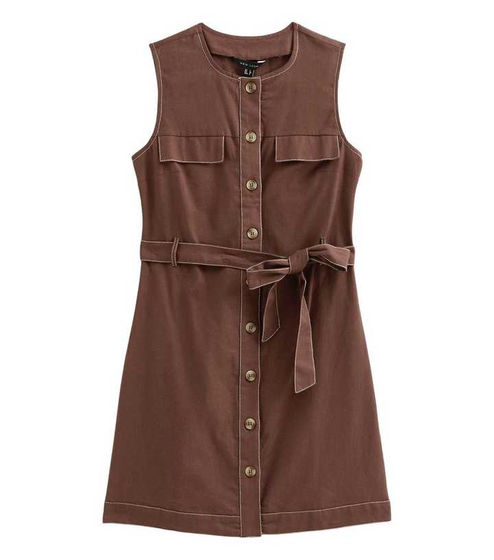 Dark Brown Cotton Rich Contrast Stitch Button Through Mini Dress