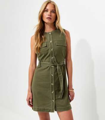 Dark Khaki Cotton Rich Contrast Stitch Button Through Mini Dress