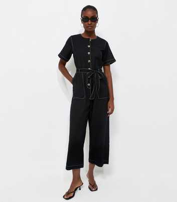 Black Cotton Rich Cropped Wide Leg Jumpsuit