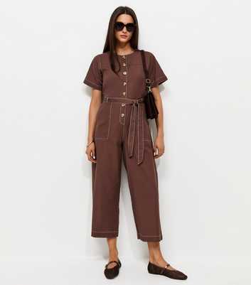 Dark Brown Cotton Rich Cropped Wide Leg Jumpsuit