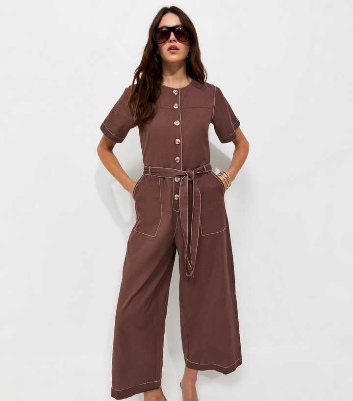 Dark Brown Cotton Rich Cropped Wide Leg Jumpsuit