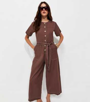 Dark Brown Cotton Rich Cropped Wide Leg Jumpsuit
