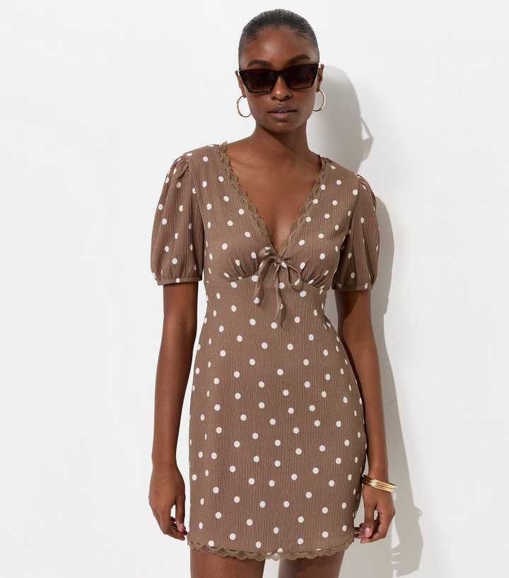 Brown Polka Dot Lace Trim Mini Dress