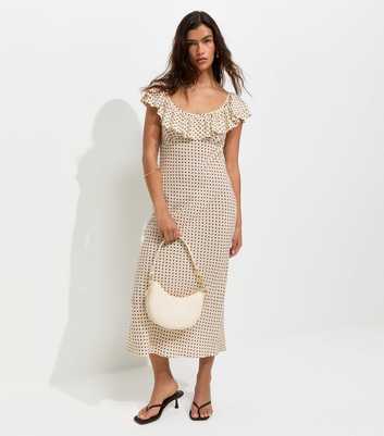 Cream Spot Print Ruffle Trim Midi Dress
