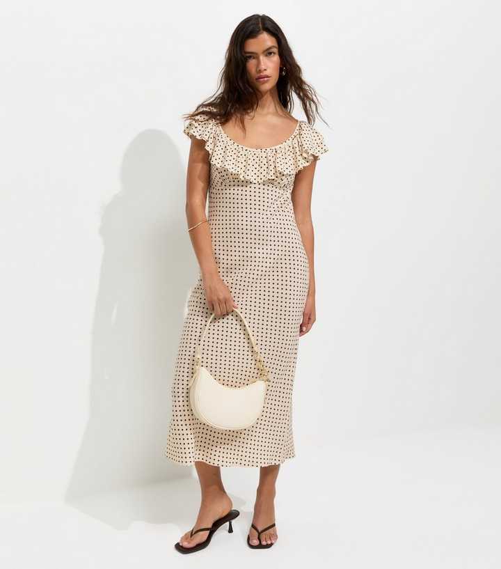 Cream Spot Print Ruffle Trim Midi Dress