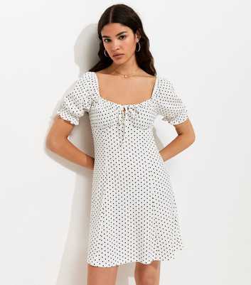 Cream Polka Dot Crinkle Texture Milkmaid Mini Dress