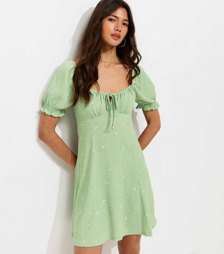 Green Polka Dot Crinkle Texture Milkmaid Mini Dress