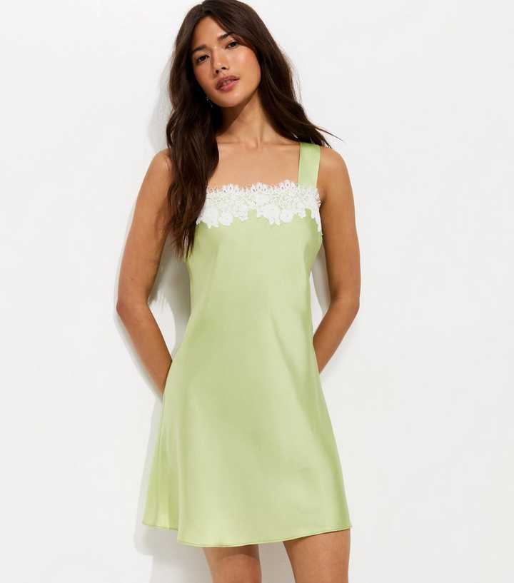 Light Green Satin Lace Trim Mini Dress