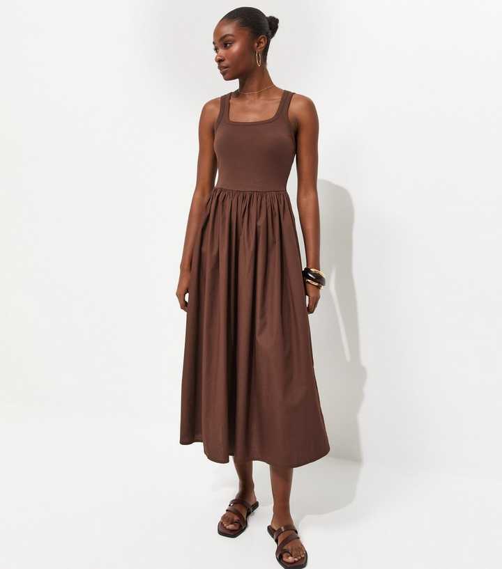 Dark Brown 2-In-1 Poplin Midi Dress | New Look Dark Brown 2-In-1 Poplin Midi Dress | New Look