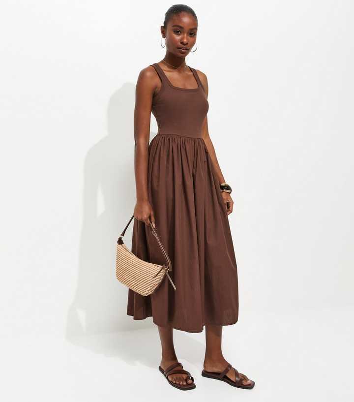 Dark Brown 2-In-1 Poplin Midi Dress | New Look